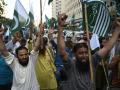 Activists of Pakistan Markazi Muslim League shout slogans during an anti-India protest rally in Karachi on May 7, 2025. India launched missile strikes against arch-rival Pakistan in the early hours of May 7, two weeks after it blamed Islamabad for a deadly tourist attack on the Indian-run side of the disputed Kashmir. At least 38 deaths were reported, with Islamabad saying 26 civilians were killed by the Indian strikes and firing along the border, and New Delhi adding at least 12 dead from Pakistani shelling. (Photo by Rizwan TABASSUM / AFP)