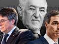 Carles Puigdemont (izquierda), Cándido Conde-Pumpido (centro), Pedro Sánchez (derecha), en un diseño de El Debate