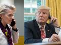 La presidenta de la Comisión Europea, Ursula von der Leyen, hablando por teléfono a su llegada a una cumbre de la UE, en la sede de la UE en Bruselas, el 24 de marzo de 2023; y (D) El presidente de Estados Unidos, Donald Trump,