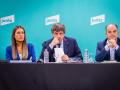 (La portavoz de Junts en el Congreso, Miriam Nogueras; el líder de Junts, Carles Puigdemont, y el secretario general de Junts, Jordi Turull