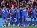 Los jugadores del Real Madrid celebran el gol de Vinicius en Da Luz
