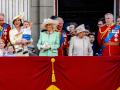 Queen Elizabeth II with Prince Charles and Camilla , Prince Andrew , Princess Anne , Prince Harry and Meghan Markle , Prince William and Kate Middleton with sons George , Louis and Charlotte attending Trooping The Colour in London.   *** Local Caption *** .