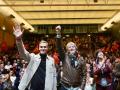 El  secretario general del PSOE de Soria, Luis Rey; la ministra de Igualdad, Ana Redondo; el candidato a la Presidencia de la Junta, Carlos Martínez; y el secretario general del PSOE y presidente del Gobierno, Pedro Sánchez, en el Palacio de la Audiencia