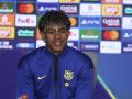 Lamine Yamal durante la rueda de prensa previa al partido de vuelta de la Champions
