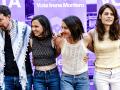 El exlíder de Podemos, Pablo Iglesias; la secretaria general, Ione Belarra; la eurodiputada de la formación, Irene Montero y la exportavoz, Isa Serra, durante el cierre de campaña de las elecciones europeas en 2024