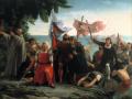 Pintura romántica de la llegada de Cristóbal Colón a América. Obra de Dióscoro Puebla, 1862