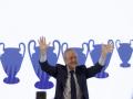 MADRID, 08/06/2026.- Florentino Pérez ha sido reelegido como presidente del Real Madrid, tras superar en las elecciones al otro candidato, Enrique Riquelme, según anunció Real Madrid TV, antes de facilitar los resultados oficiales, este domingo en Madrid. EFE/Juanjo Martín