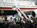 US President Donald Trump speaks in front of the new Air Force One, gifted to him by by Qatar, in a hangar at Joint Base Andrews in Maryland on June 19, 2026. White House officials bade farewell on June 18, 2026 to one of the two jets that have been used to transport US presidents for more than 30 years. The goodbye messages fueled speculation that a Boeing 747 controversially gifted to President Donald Trump by the Gulf emirate of Qatar is now due to enter service. Trump will be heading to Joint Base Andrews before spending the weekend at Camp David. (Photo by Brendan SMIALOWSKI / AFP)