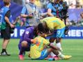 Jugadores de Brasil reaccionan este domingo, al final de un partido por los octavos de final del Mundial de la FIFA 2026 entre Brasil y Noruega en el estadio MetLife en Nueva Jersey (Estados Unidos). EFE/ Octavio Guzman