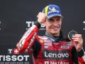 Ducati Lenovo Team's Spanish MotoGP rider Marc Marquez celebrates on the podium with his medal after winning the Sprint race ahead of the MotoGP German motorcycle Grand Prix at the Sachsenring racing circuit, in Hohenstein-Ernstthal near Chemnitz, eastern Germany on July 11, 2026. (Photo by Ronny HARTMANN / AFP)