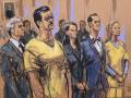 Fotografía de un dibujo realizado por la artista Jane Rosenberg donde aparece el abogado Barry pollack (atrás); el depuesto presidente de Venezuela, Nicolás Maduro (i); la abogada Anna Estevano (c-i); el abogado Mark Donnelly (c-d) y Cilia Flores asistiendo a una audiencia este miércoles, en Nueva York (Estados Unidos).