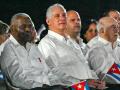 (L to R) Cuba's head of Parliament Esteban Lazo, President Miguel Díaz-Canel, and Commander Jose Ramon Machado Ventura attend the 73rd anniversary celebration of the guerrilla assault on the Moncada Barracks, led by the late leader Fidel Castro and considered the start of the Cuban Revolution, in Pinar del Rio, Cuba, on July 26, 2026. (Photo by YAMIL LAGE / AFP)