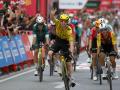 Team Visma-Lease a bike's British rider Matthew Brennan celebrates winning the 11th stage of the Vuelta a Espana 2026 cycling tour, a 151,3 km race between Carthagena and Lorca, on September 2, 2026. (Photo by JOSE JORDAN / AFP)