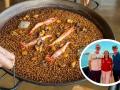 Montaje con uno de los arroces del restaurante y la imagen de los actores con María José Catalá