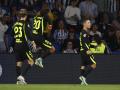 Alejandro Grimaldo celebra el primer gol del Atlético de Madrid en Anoeta