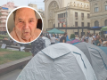 Montaje con la imagen de Pedro, el anciano de Benidorm que van a desahuciar, y la imagen de la acampada en Alicante