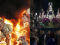 Montaje con la cremà de una falla a la izquierda y una procesión del Viernes de Dolores en Valencia, a la derecha