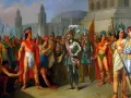 Tapiz ilustrativo del encuentro entre Hernán Cortés y Moctezuma