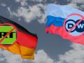 Banderas de Alemania y Rusia y los logos de las cadenas de televisión prohibidas