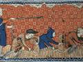 Miniatura medieval que representa a tres siervos cosechando trigo bajo la vigilancia del delegado de su señor