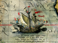 La nao Victoria, una de las cinco naves en la expedición de Magallanes en un mapa de Abraham Ortelius de 1589