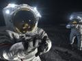Dos astronautas trabajan en la superficie lunar, en una recreación artística