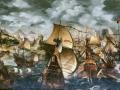 Isabel I y la Armada española, óleo atribuido a Nicholas Hilliard, que probablemente representa la batalla naval de Gravelinas