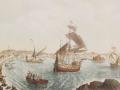 El grabado representa la partida de los siete barcos de la expedición de Jofre de Loaísa del puerto coruñés
