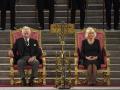 Britain's King Charles III, left, and the Queen Consort sit at Westminster Hall, where both Houses of Parliament are meeting to express their condolences following the death of Queen Elizabeth II, at Westminster Hall, in London, Monday, Sept.  12, 2022. Queen Elizabeth II, Britain's longest-reigning monarch, died Thursday after 70 years on the throne.  (Stefan Rousseau/Pool Photo via AP) *** Local Caption *** .