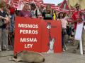 Activists with posters in which a hanged greyhound hangs from the PSOE logo in protest against the socialist amendment to the Animal Welfare Law