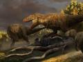 Esta pintura de los cuatro especímenes de tiranosaurio descubiertos por el Museo de Dinosaurios de Badlands por el paleoartista Rudolf Hima