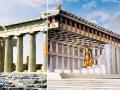 El Partenón de Atenas en la actualidad, y una reconstrucción de cómo era hace 2.500 años