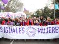 Politician Carmen Calvo, Nadia Calviño  and Begoña Gomez a rallyto mark the International Women's Day in Madrid, Spain, Sunday, March 8, 2020.
en la foto: pancarta leyenada " feminismo. socialismo psoe "