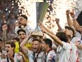 Budapest (Hungary), 31/05/2023.- Sevilla's team captain Ivan Rakitic (C) lifts the trophy after winning the UEFA Europa League final between Sevilla FC and AS Roma in Puskas Arena in Budapest, Hungary, 01 June 2023. Sevilla won the final with 4-1 on penalties. (Hungría) EFE/EPA/Tibor Illyes HUNGARY OUT