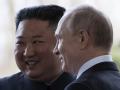 (FILES) Russian President Vladimir Putin welcomes North Korean leader Kim Jong Un prior to their talks at the Far Eastern Federal University campus on Russky island in the far-eastern Russian port of Vladivostok on April 25, 2019. North Korea's leader Kim Jong Un departed Pyongyang on September 12, 2023 on a train to Russia where he is due to hold a rare meeting with President Vladimir Putin, state media reported early September 12, 2023. (Photo by Alexander Zemlianichenko / POOL / AFP)