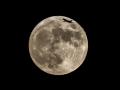 Un avión pasa sobre el cielo de Los Ángeles bajo una luna casi llena