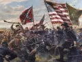 Cuadro sobre la Guerra de Secesión con las banderas de la Unión y la confederada.
