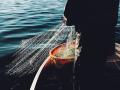 Un pescador recoge una red en el mar