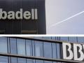 Letreros de Sabadell y BBVA en sus respectivas sedes