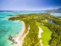 Mauritius beach aerial view of Ile Aux Cerf Beach island golf club on East Coast