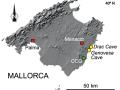 Mapa de Mallorca, mostrando la localización de las cuevas de Genovesa y Drac y el yacimiento arqueológico de Closos de Can Gaià (CCG)