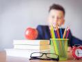 Un estudiante, tras sus libros y lápices de colores