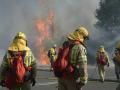 VVarios bomberos tratan de apagar el fuego durante el incendio forestal en la parroquia de Oseira (Orense)