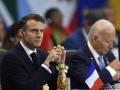 France's President Emmanuel Macron (L) and US President Joe Biden attend the G20 Summit opening session in Rio de Janeiro, Brazil, on November 18, 2024. (Photo by Daniel RAMALHO / AFP)