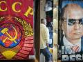 Camisetas con la imagen del presidente ruso Vladímir Putin y el emblema estatal de la URSS