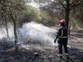 Un bombero de la Comunidad de Madrid sujeta una manguera para extinguir un incendio