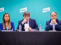 La portavoz de Junts en el Congreso, Miriam Nogueras; el líder de Junts, Carles Puigdemont, y el secretario general de Junts, Jordi Turull