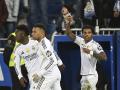 Rodrygo, Mbappé y Vinicius celebran el 1-2 anotado por el primero de ellos