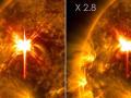 El Observatorio de Dinámica Solar de la NASA capturó estas imágenes de las erupciones solares (vistas como destellos brillantes en el centro de las imágenes) el 1 y el 2 de febrero de 2026. Las imágenes muestran un subconjunto de luz ultravioleta extrema que resalta el material extremadamente caliente en las erupciones y que está coloreado en dorado y rojo