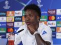 El jugador del Real Madrid Vinicius Jr, durante la rueda de prensa previa al partido ante el Bayern de Múnich